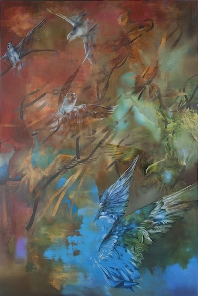 Isabelle Dutoit: Vögel [rot], 2016, oil on canvas, 210 x 120 cm

